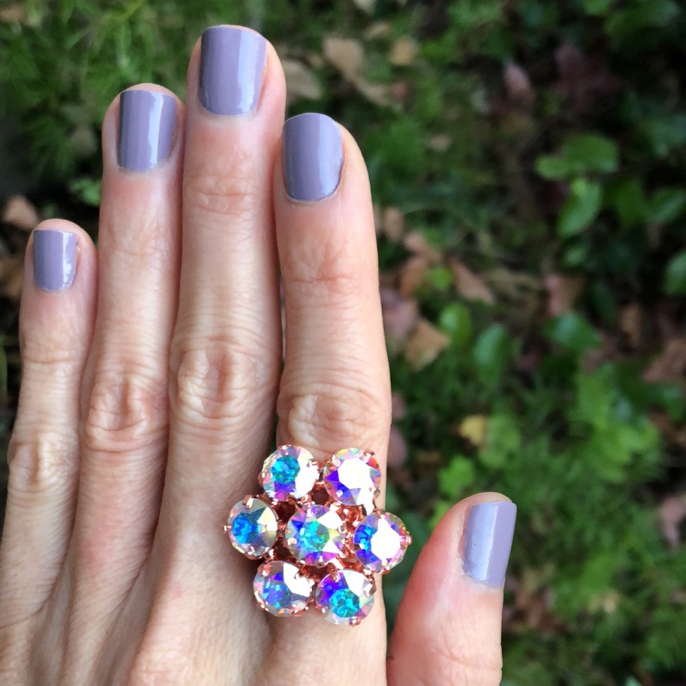 Aurora Borealis + Rose Gold Crystal Flower Statement Cocktail Ring - Picture 8 of 10